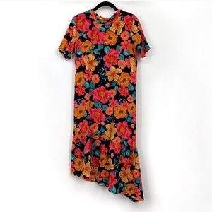 ZARA BLACK PINK ORANGE FLORAL MAXI SHIRT DRESS